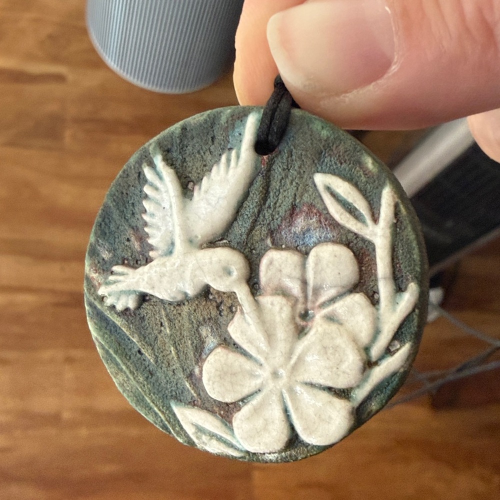 Raku Hummingbird and Flower “I am Present” Clay Pendant Adjustable Necklace